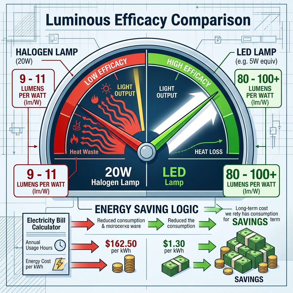 发光效率对比信息图：直观展示20W卤素灯（9-11流明/瓦）大部分能量转化为热量，而LED灯（80-100+流明/瓦）高效将电能转化为光，显著节能。