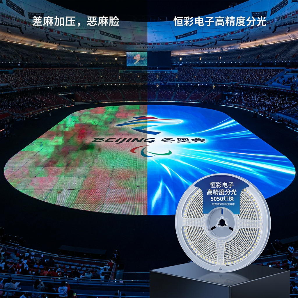 LED应用效果对比:左图显示未经分光LED的“花脸”屏,右图为恒彩电子高精度分光后实现色彩亮度高度一致的显示屏。