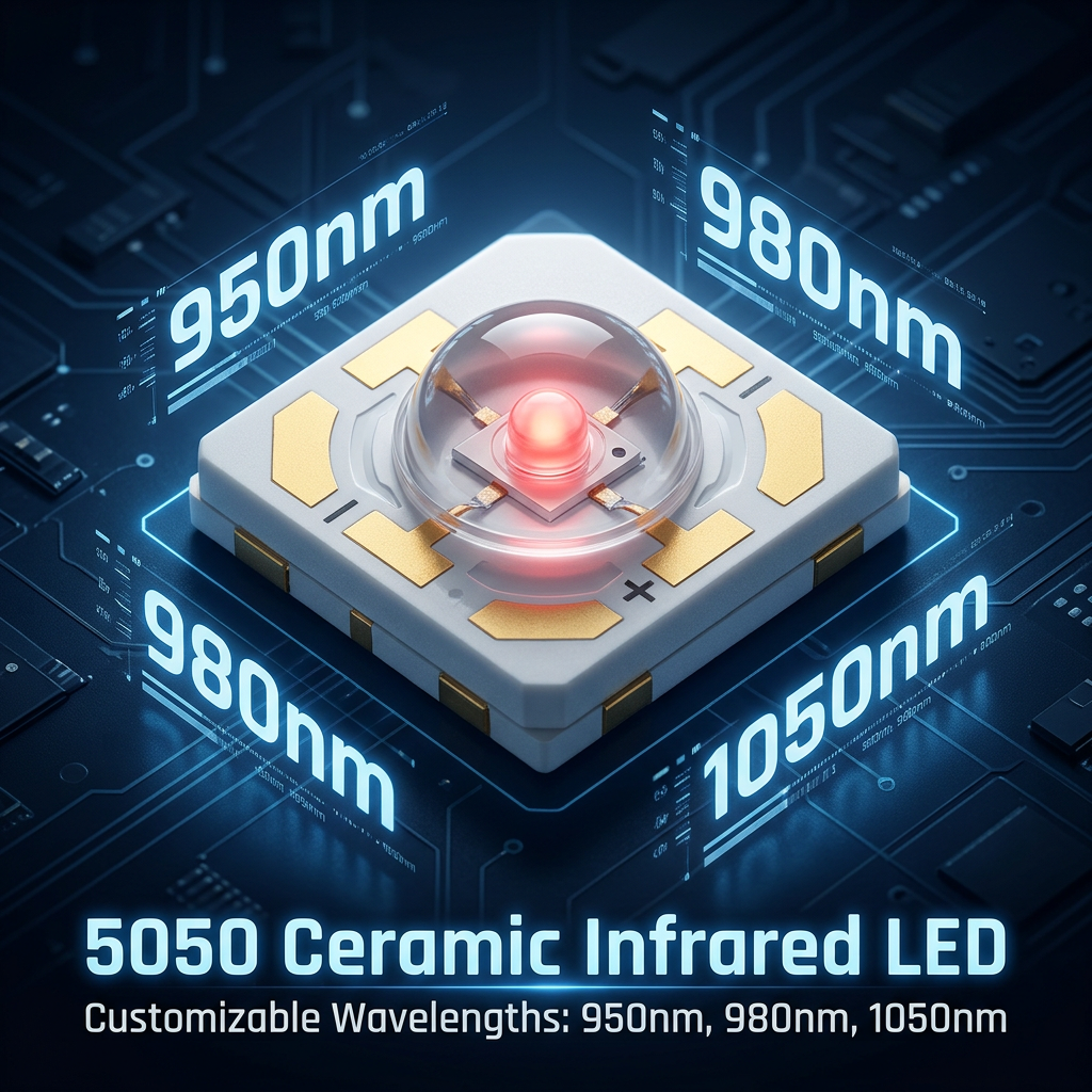 恒彩5050陶瓷红外LED概念图，展示950nm、980nm、1050nm可定制波长及其科技感设计