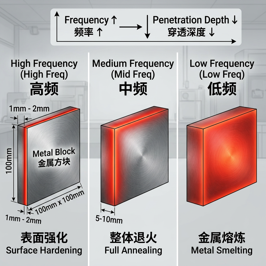 高频、中频、低频加热效果对比图，直观展示了不同频率下热量在金属工件中的穿透深度差异，从表面强化到整体熔炼。