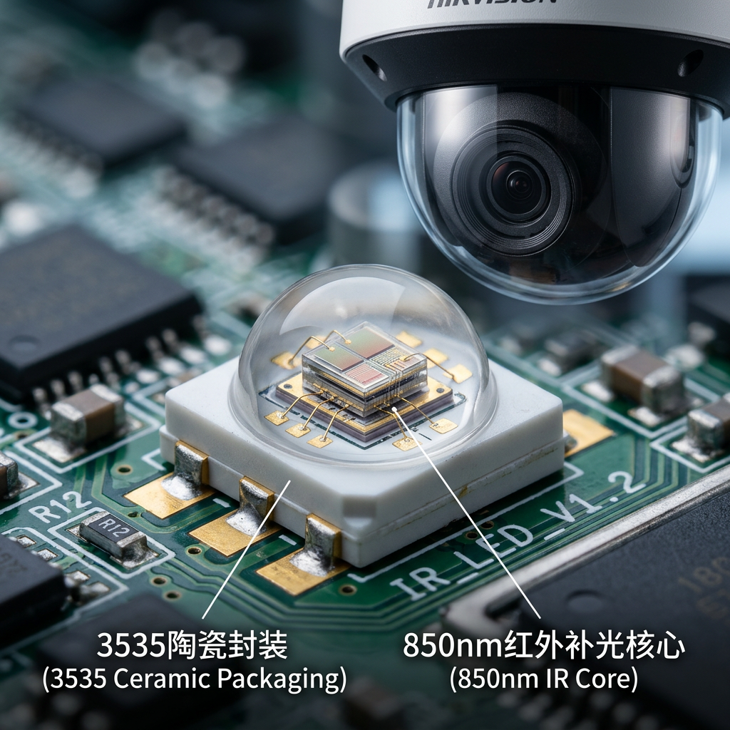 3535陶瓷850nm叠晶LED产品特写，展示其陶瓷封装与核心技术，适用于高性能红外补光和安防监控。