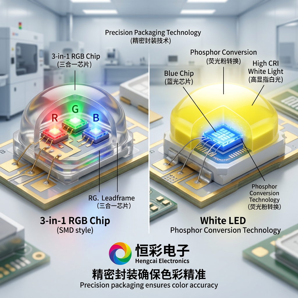 恒彩电子LED灯珠封装技术展示：左侧为三合一RGB芯片混合白光，右侧为荧光粉转换高显指白光，体现精密色彩控制