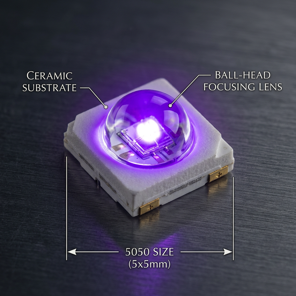 5050陶瓷球头紫光LED灯珠特写，展示5x5mm尺寸、陶瓷基板和聚光球头透镜