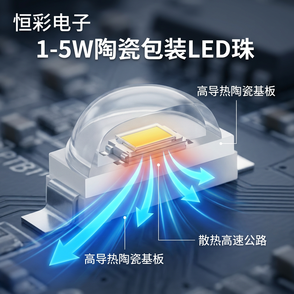 恒彩1-5W陶瓷封装LED剖面示意，显示热量通过高导热陶瓷基板快速传导