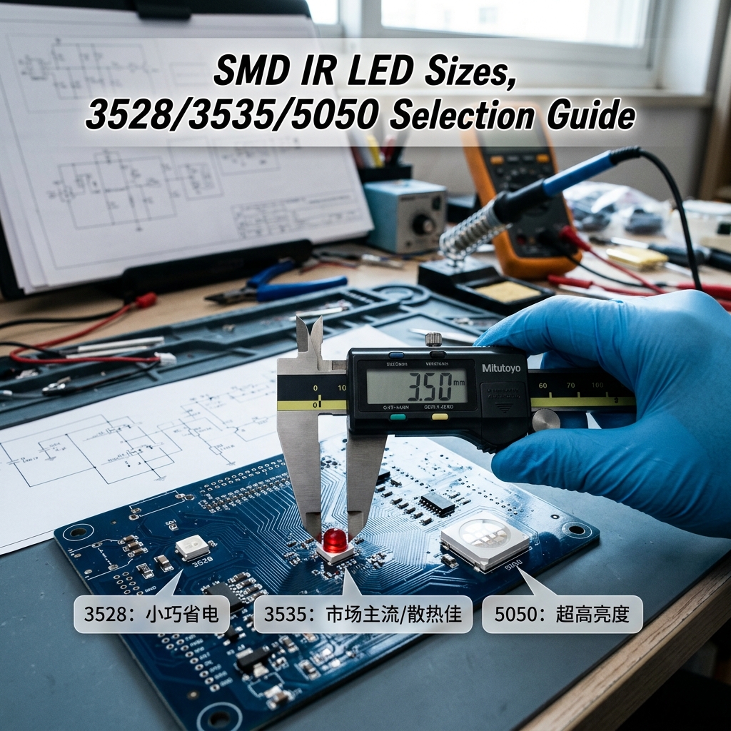 专业人士使用游标卡尺测量执法仪红外灯珠尺寸,展示3528、3535、5050等常见贴片型号,强调精准选型