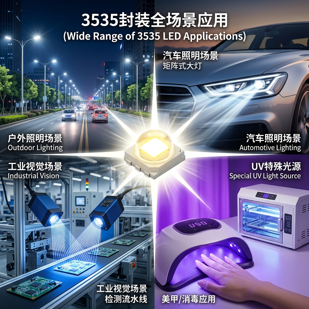 3535 LED封装在户外照明、汽车大灯、工业视觉和医疗UV领域的广泛应用场景图