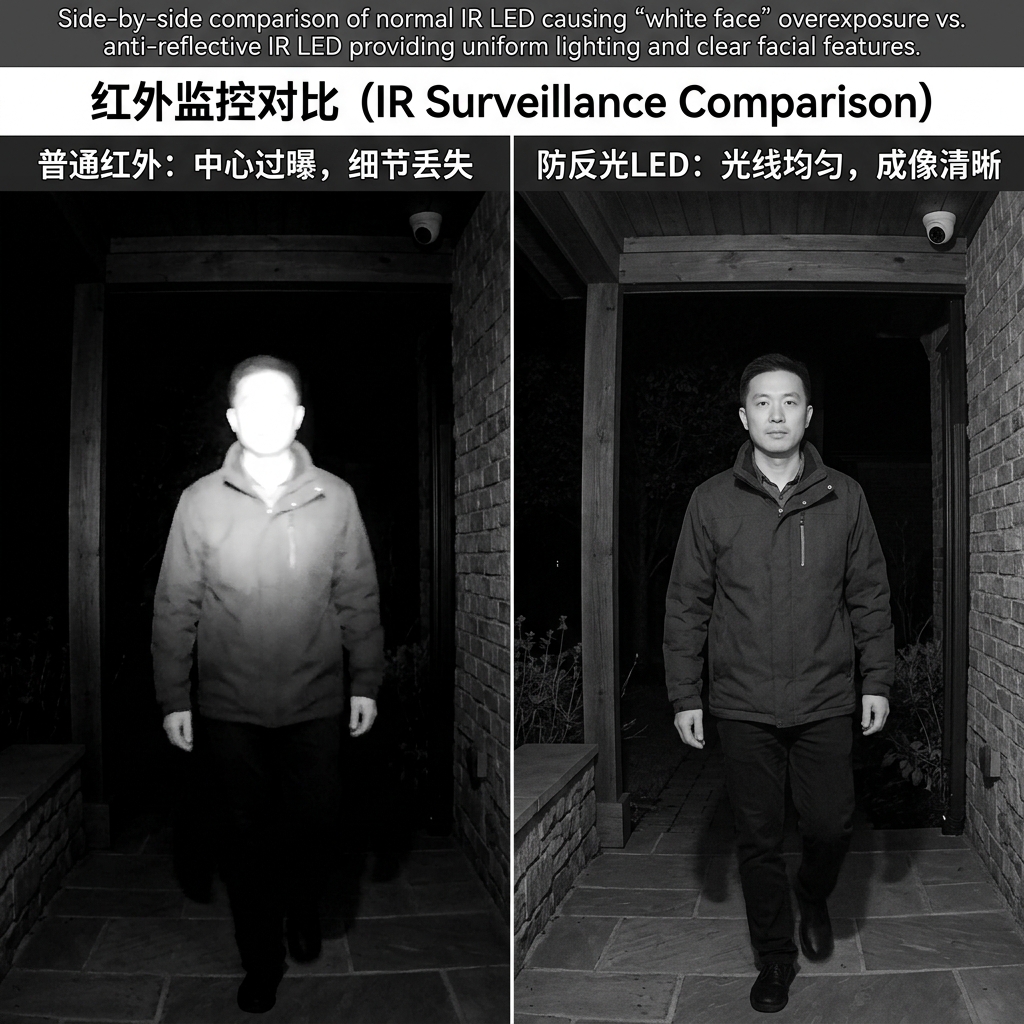 普通红外灯与防反光LED灯珠夜视监控效果对比：左为人脸过曝，右为人脸清晰光线均匀。
