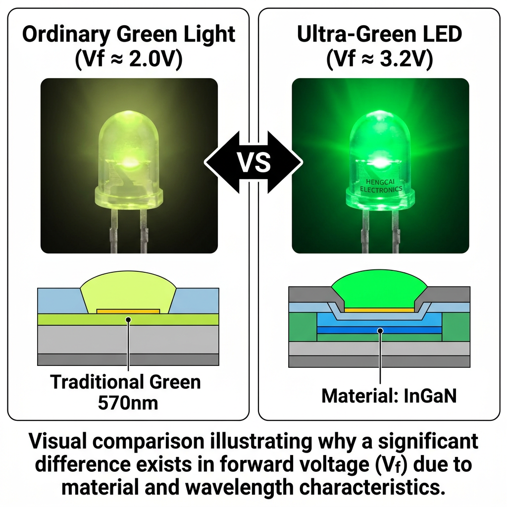 普通绿光LED与恒彩电子超绿色LED对比图，突出超绿色LED的翠绿色彩和InGaN材料特性