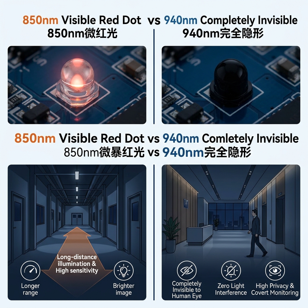 850nm与940nm红外灯珠视觉对比，850nm显示微红光，940nm完全隐形