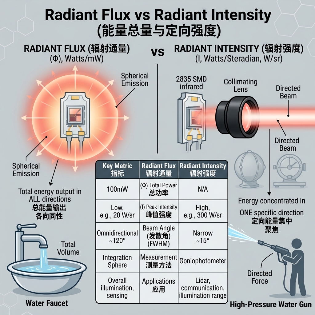 信息图示对比红外LED灯珠的辐射通量(水龙头图标,球形光晕代表总能量)与辐射强度(高压水枪图标,直线光束代表定向强度),并列出波长、半峰宽、发散角等核心参数。