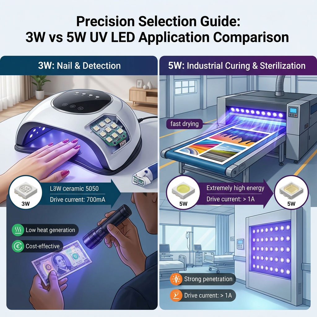 3W和5W陶瓷5050紫光灯珠应用场景对比,展示其在消费级和工业级设备的区别