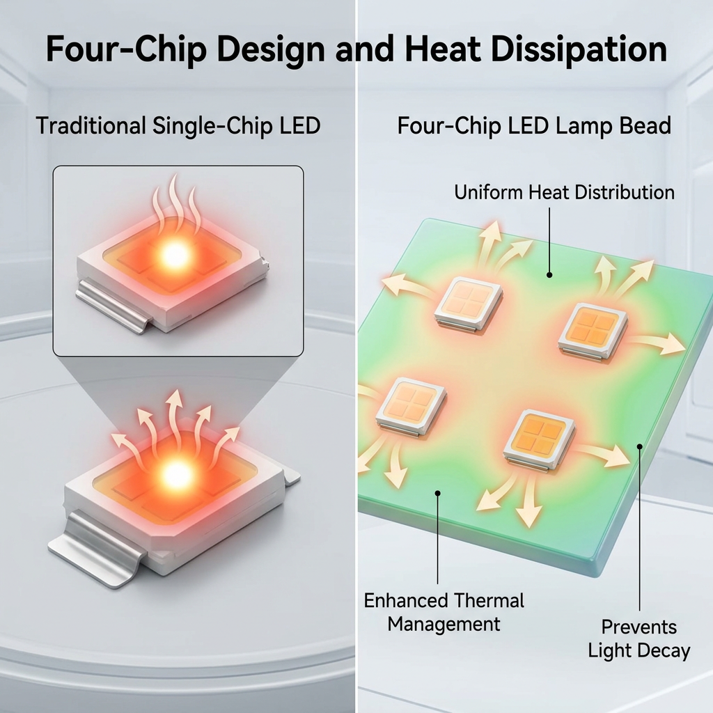 单芯片与四芯片LED灯珠散热对比图,展示四芯片设计如何实现热量均匀分布,强化热管理,有效防止光衰,提升灯珠稳定性与寿命。
