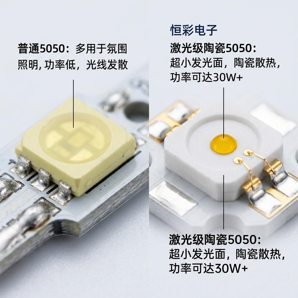 普通5050灯珠(塑料底座,发光面大)与恒彩电子激光陶瓷5050灯珠(白色陶瓷底座,超小圆形发光面LES)的微距对比图,展示两种灯珠在材质和发光结构上的核心差异。