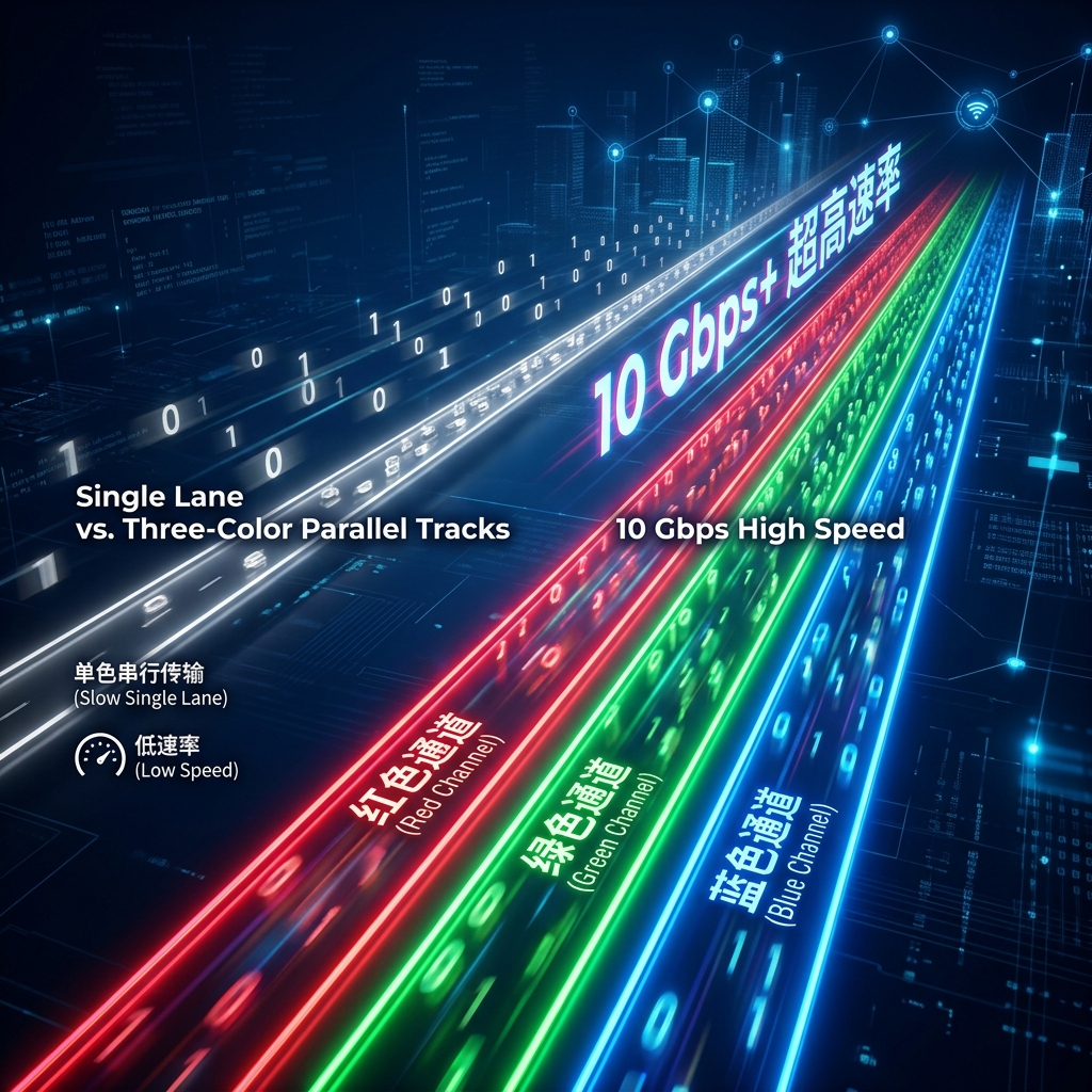 三色LED并行传输原理示意图：传统单色光传输如单行道缓慢，而红绿蓝三色光并行传输如同三条高速公路，实现10Gbps+超高速数据传输。