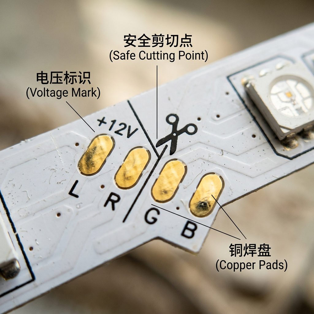 LED灯带上的安全剪切点特写，清晰可见剪刀图标与铜焊盘，指示正确的裁剪位置。