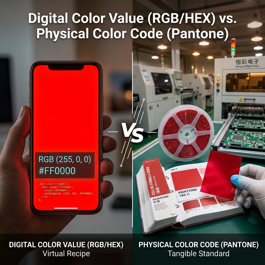 对比展示色值（RGB/HEX）在屏幕上的虚拟呈现与色号（Pantone）在恒彩电子生产线上实体LED灯珠的精准匹配，强调数字与现实色彩标准的区别