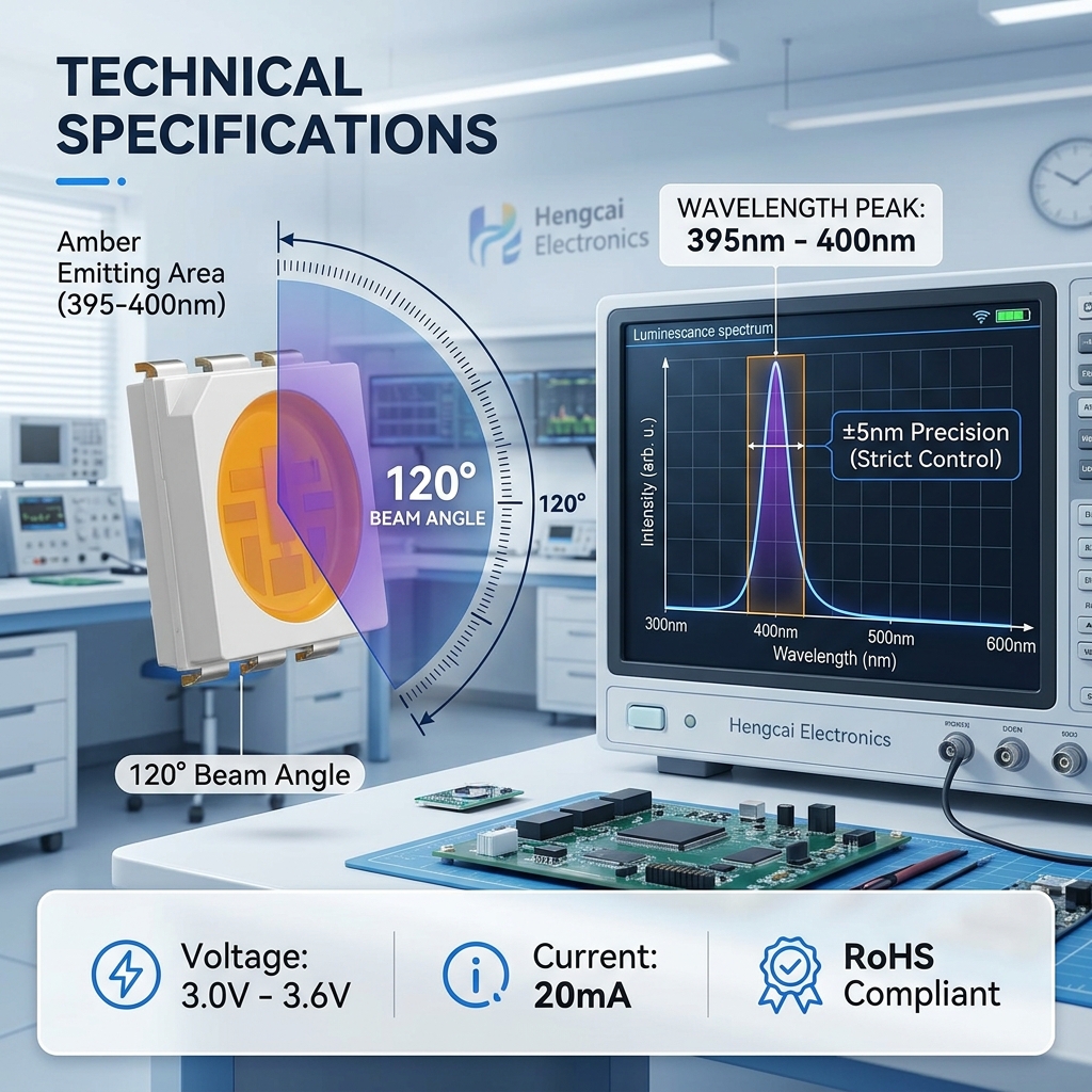 信息图解：5050紫光灯珠的120度发光角度、395-400nm精准波长光谱及核心电参数