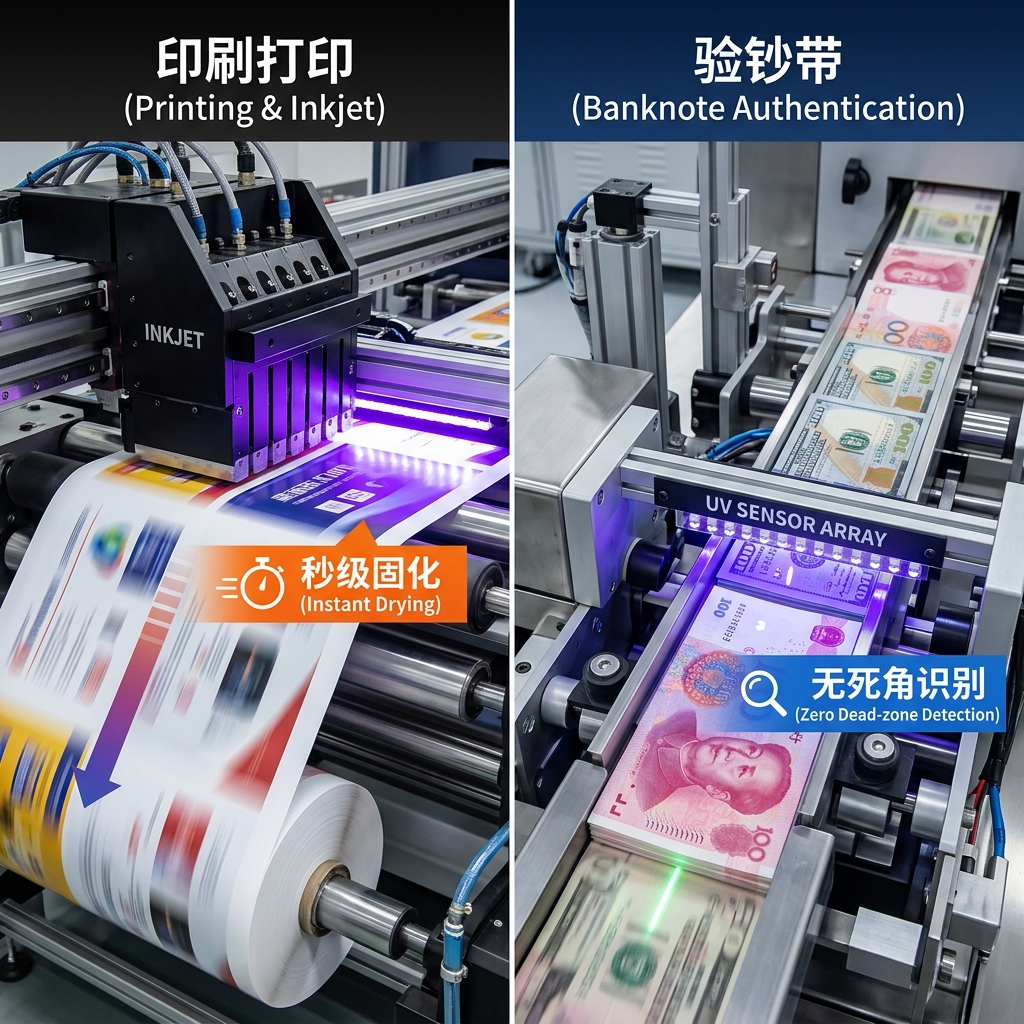 UV LED陶瓷灯珠固化技术在高速印刷打印(秒级固化)和精密验钞带(无死角识别)中的实际应用场景