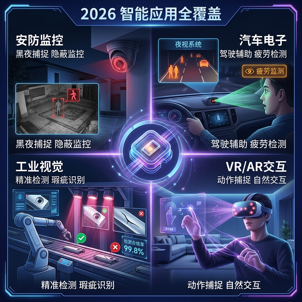 多接口红外LED模组在安防监控、汽车夜视、工业检测和VR/AR手势识别中的广泛应用场景图。