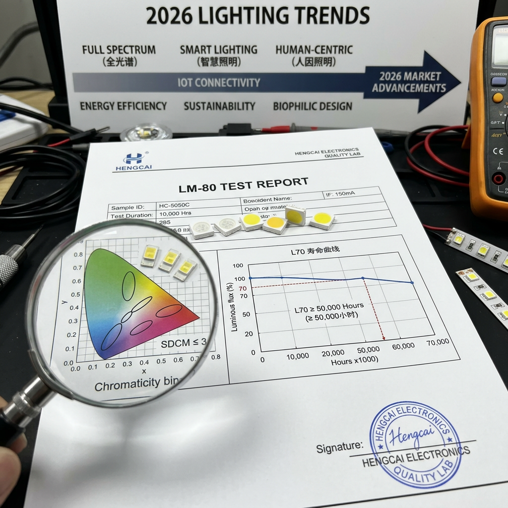 专业的LED品质检测与行业趋势综合视觉图，展示LM-80测试报告、L70寿命曲线（≥50,000小时）和色容差SDCM ≤ 3等品质指标，并展望2026年照明市场趋势。