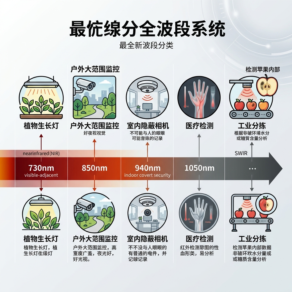 3535红外灯珠波段分类信息图，展示730nm至1300nm+不同波长的典型应用，如安防监控、医疗检测和工业分拣