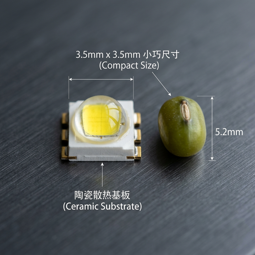 3535陶瓷9V灯珠微观细节，展示小巧尺寸与陶瓷基板，旁边有绿豆作参照
