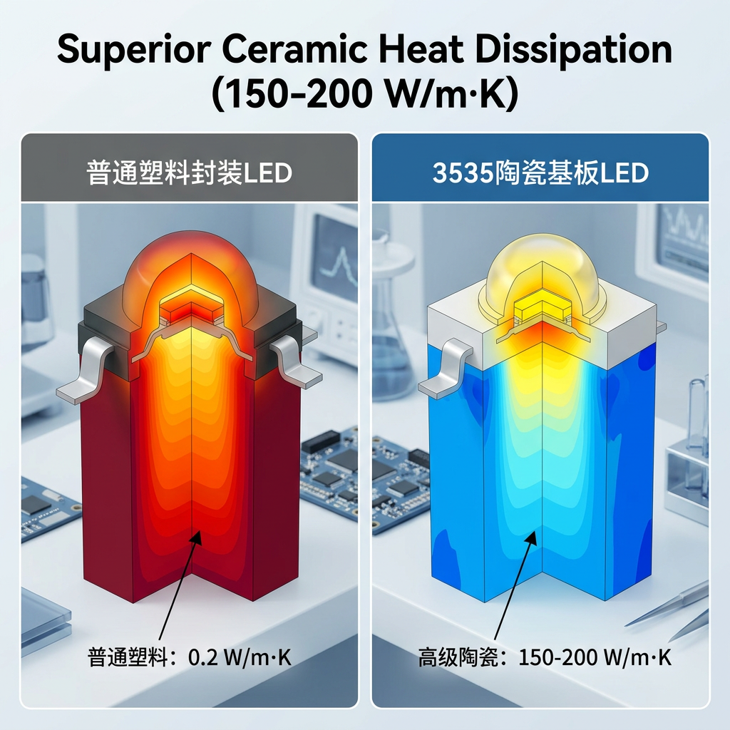 散热性能对比图，左侧普通塑料封装LED热力图呈深红色（0.2 W/m·K），右侧3535陶瓷基板LED热力图呈蓝色（150-200 W/m·K），直观展示陶瓷卓越的散热能力。