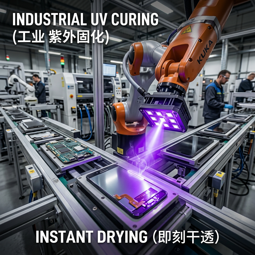 陶瓷xhp5050紫光灯珠在工业自动化生产线上的快速固化应用，机械臂利用紫外光束秒级固化胶水，提高生产效率。