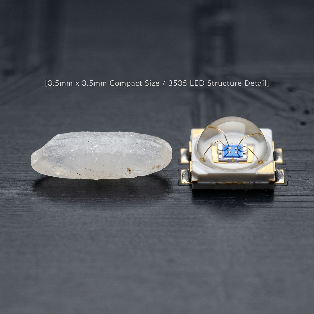 3535 LED灯珠的微距特写，展示其3.5x3.5mm的尺寸和内部精密结构，旁边有大米作参照