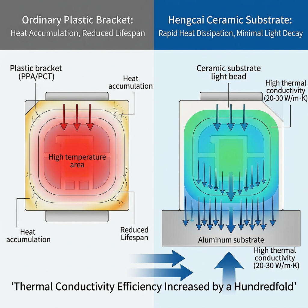 恒彩陶瓷基板与普通塑料支架在散热性能上的对比图,展示陶瓷如何高效散发热量