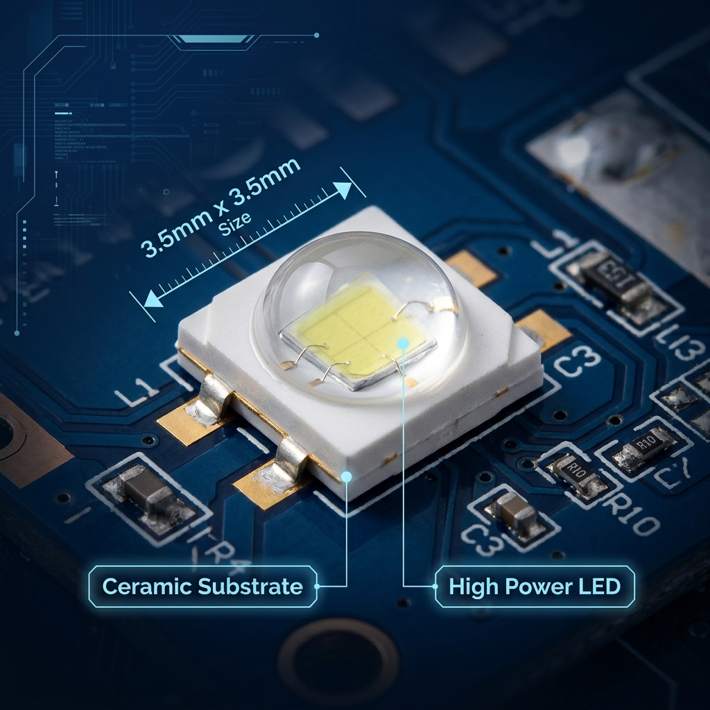 3535陶瓷灯珠特写，清晰展示其3.5mm尺寸、陶瓷基板与高功率LED特征
