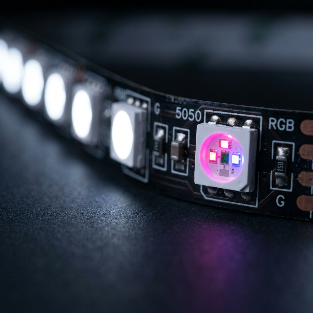 5050RGB灯带微距图：一颗灯珠绿光失效呈粉紫色，与周围白光形成对比