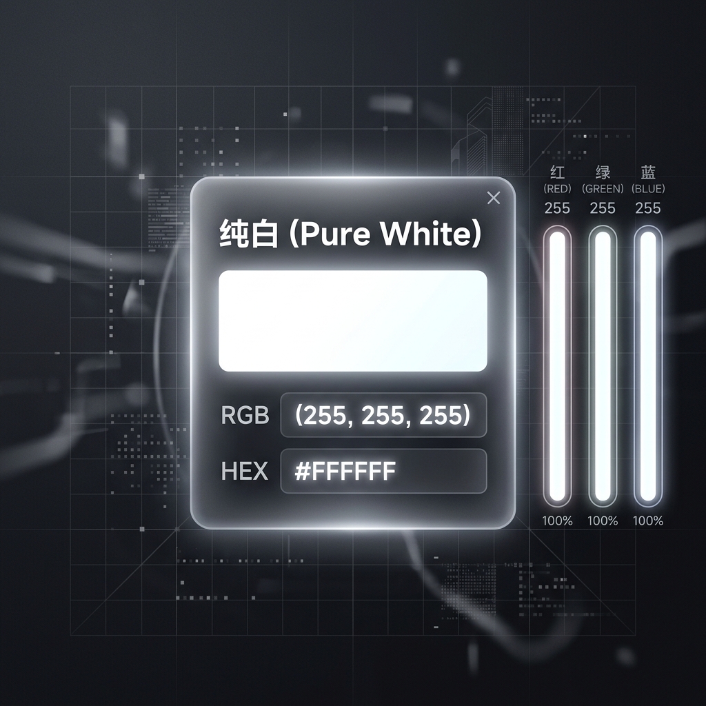 纯白的RGB值(255, 255, 255)和HEX代码(#FFFFFF)的数字艺术展示,红绿蓝三原色满格发光