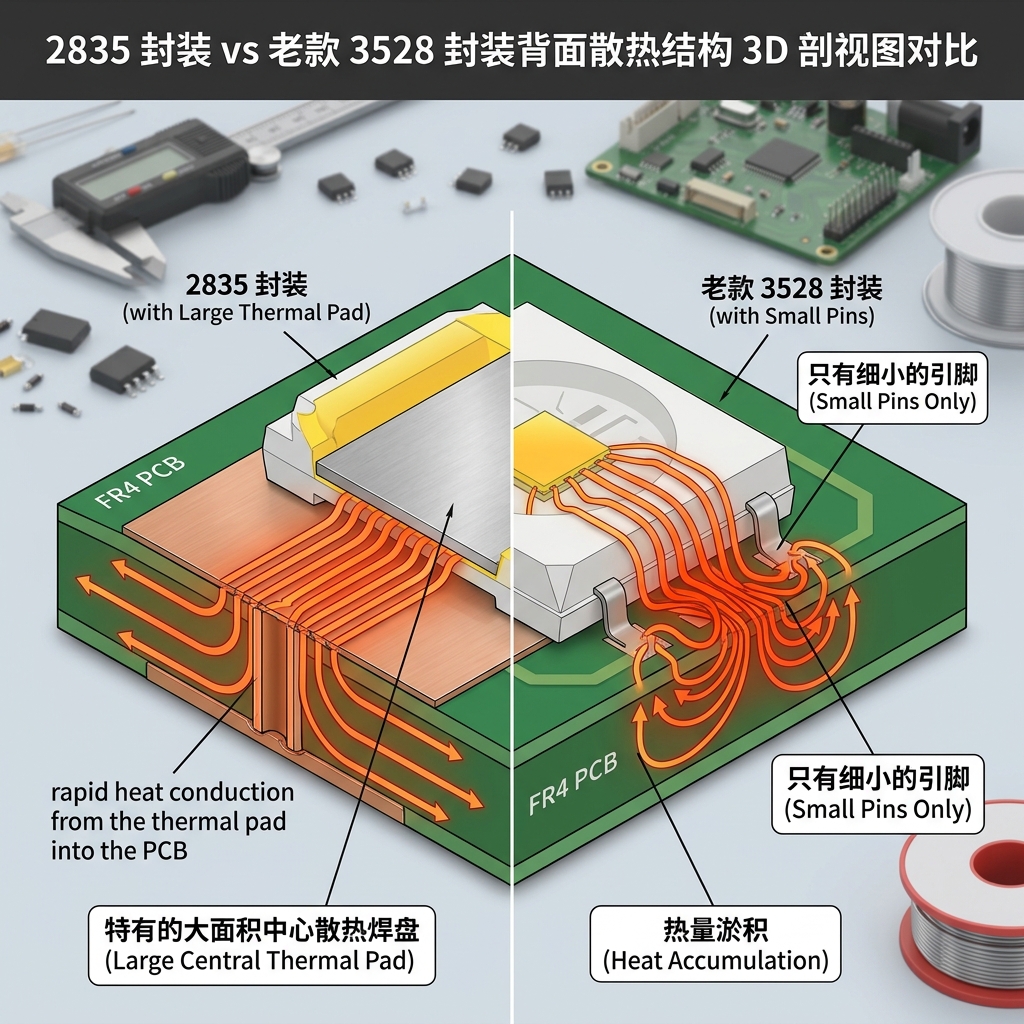2835 LED 封装大面积散热焊盘与3528 LED细小引脚的3D剖视图对比,展示2835优越的散热性能