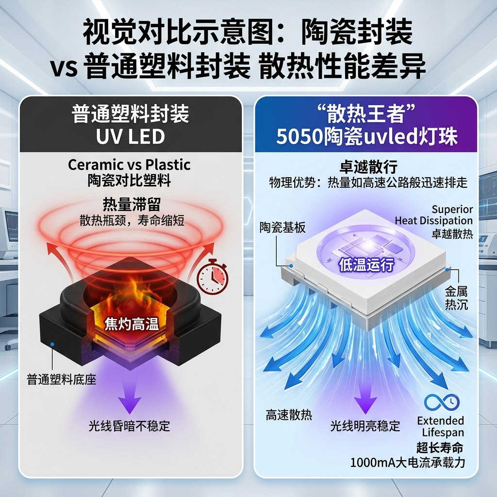 陶瓷封装与普通塑料封装散热性能对比图，强调陶瓷底座卓越的散热能力，有效延长灯珠寿命。