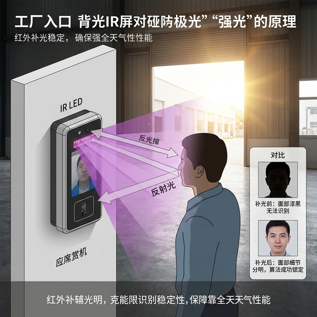 非可见光红外LED补光工作原理示意图:在强背光环境下,红外光均匀照亮人脸,使摄像头捕获清晰图像,确保识别稳定。