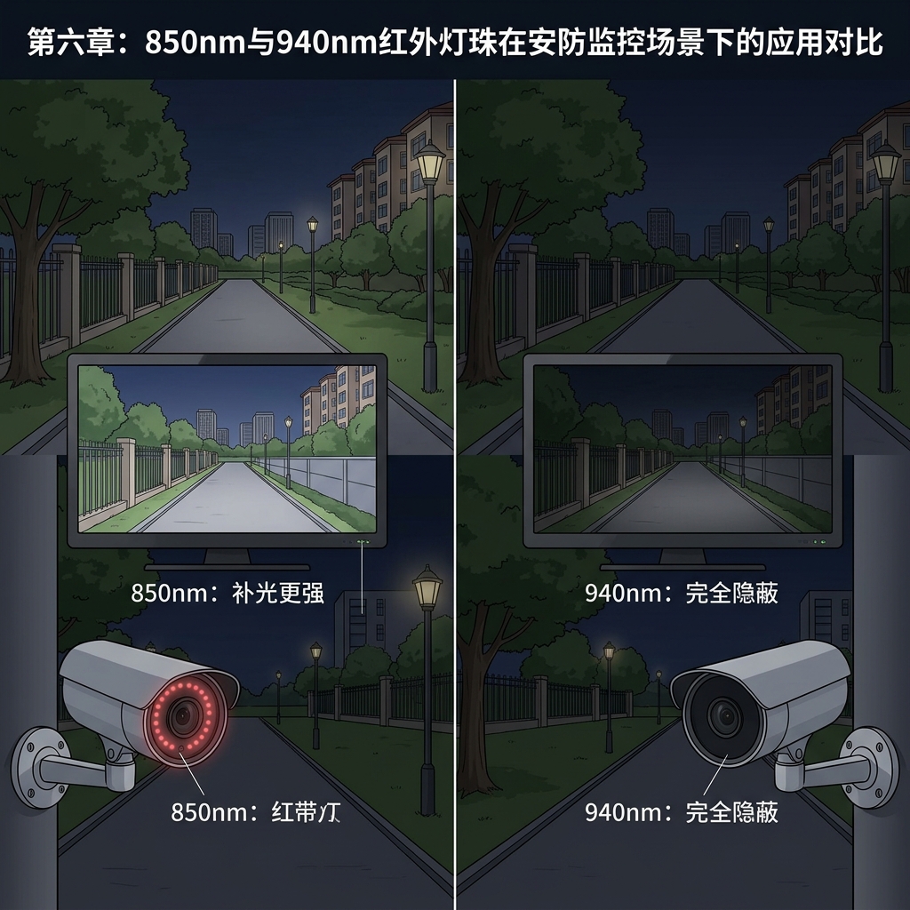 850nm与940nm防尘防水红外灯珠应用对比图，左侧850nm补光更强且微红可见，右侧940nm完全隐蔽，用于安防监控。