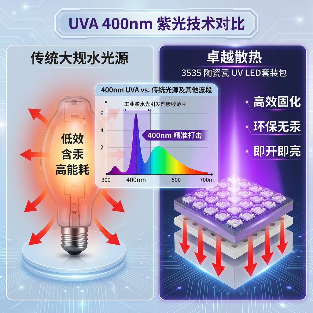 400nm UVA紫光LED与传统水银灯对比图，突出LED的高效、环保无汞优势，并展示400nm精准固化及陶瓷散热效果。