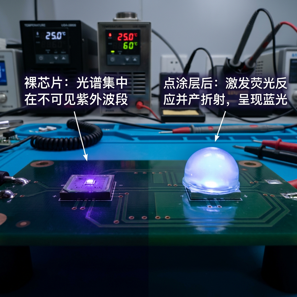 UV LED灯珠点涂层前后对比图，清晰展示裸芯片的紫外光与涂层激发产生的蓝光效果