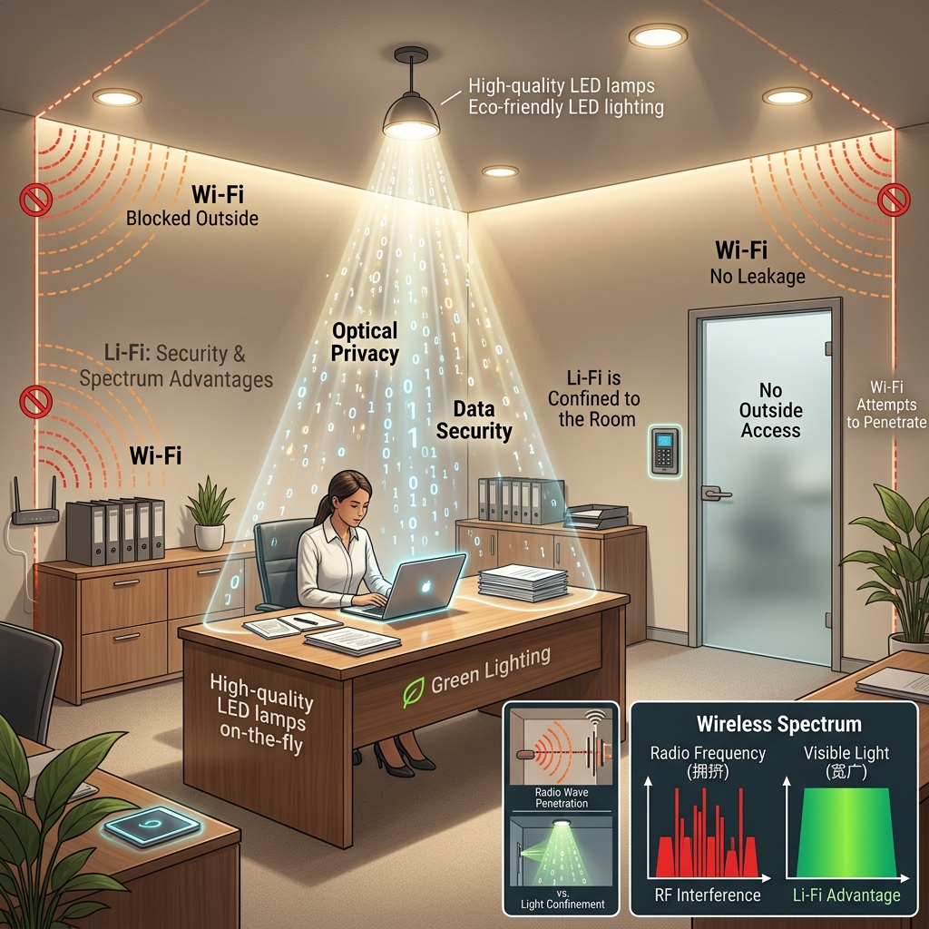 Li-Fi可见光通信的安全性与频谱优势图解：光不穿墙保证数据安全，且可见光频谱避免无线电拥堵，实现无干扰通信。