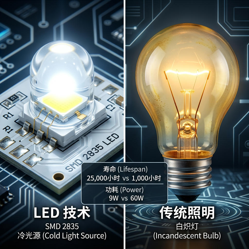 LED灯珠与传统白炽灯泡的对比图，清晰展示了LED的紧凑结构和纯净发光，以及传统白炽灯的发热与黄色光线，并附有寿命和功耗的对比数据，强调LED的节能长寿优势。