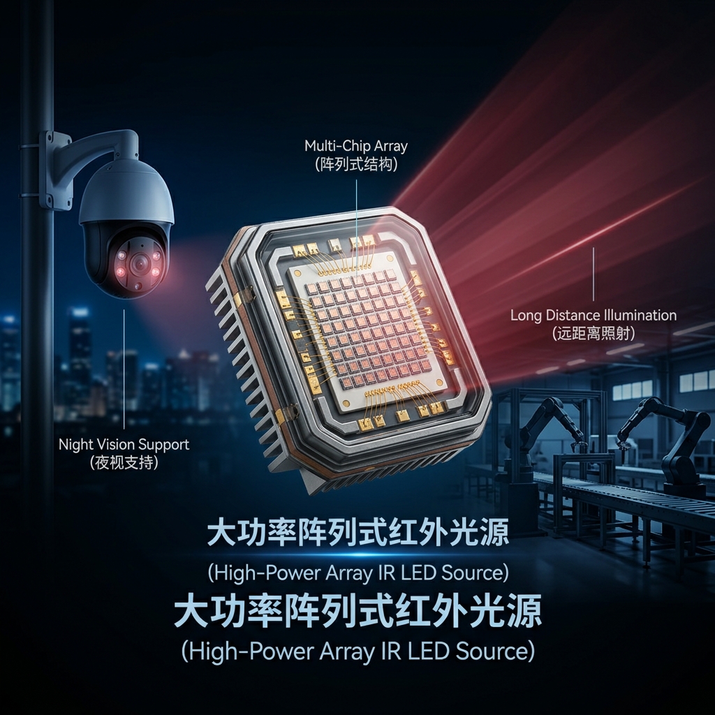 展示大功率阵列式红外灯珠核心结构与安防监控、工业视觉应用场景，体现其强大的夜视补光能力