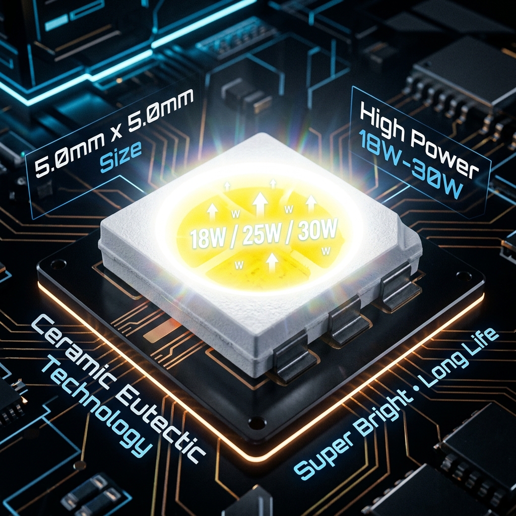 陶瓷共晶5050灯珠特写，展示其5.0mm x 5.0mm尺寸、18W/25W/30W大功率及耀眼光芒，凸显超强散热与长寿命特性。