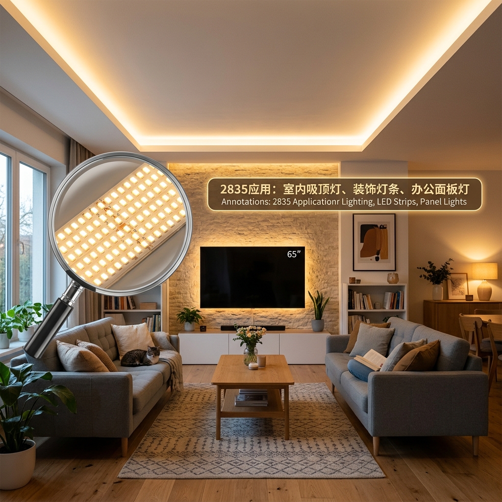 2835 LED在现代室内家居照明中的应用:客厅吊顶灯带、背景氛围灯,营造柔和舒适的居家氛围。