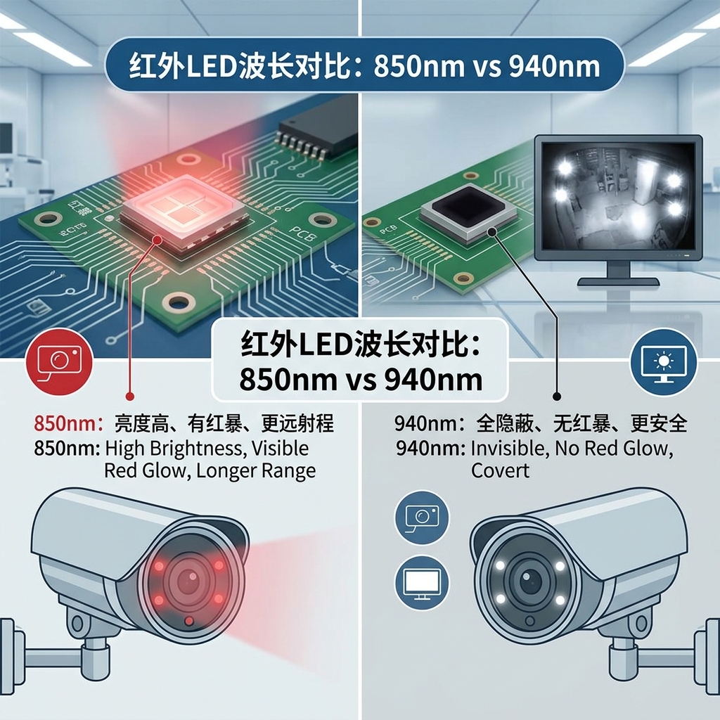 红外LED波长850nm与940nm工作特性对比:850nm有红暴,940nm隐形无红暴。