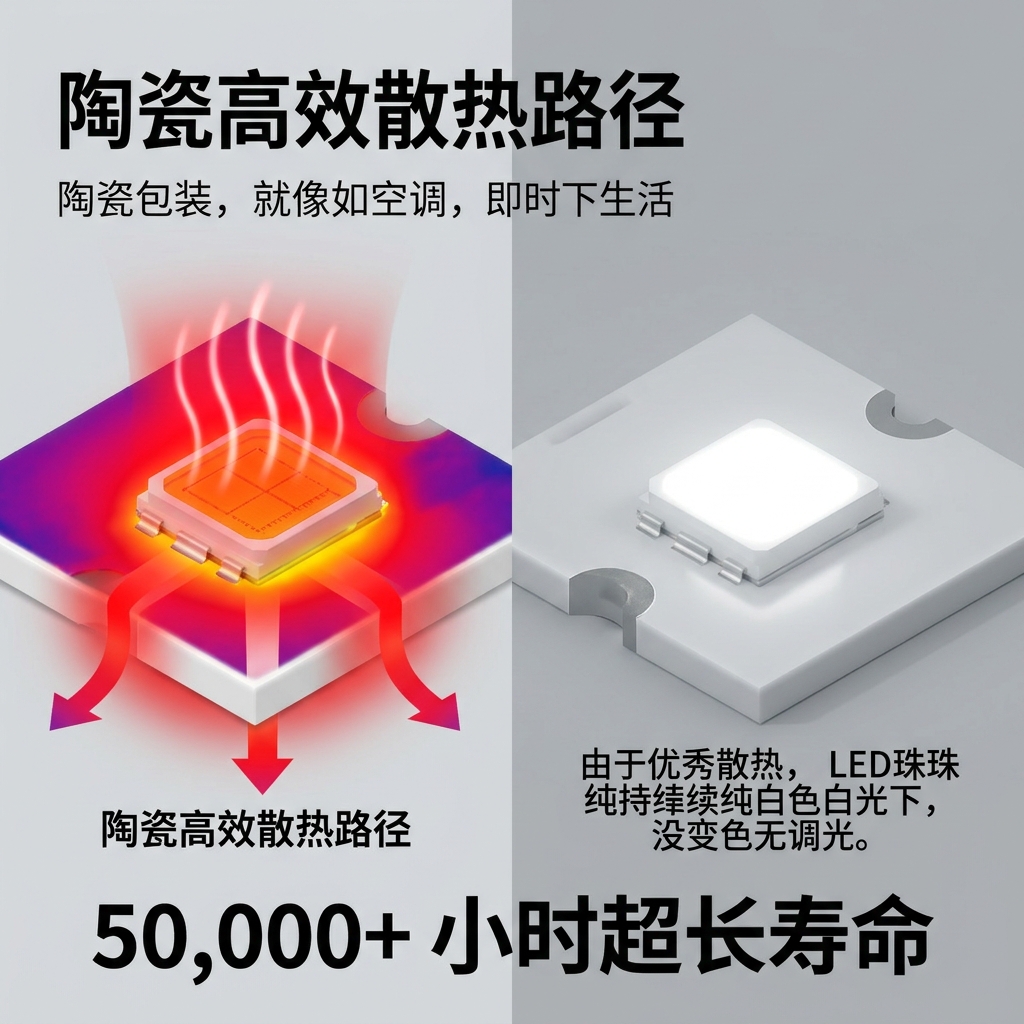 陶瓷封装5050LED灯珠高效散热原理图，展示热量传导路径及长寿命特性