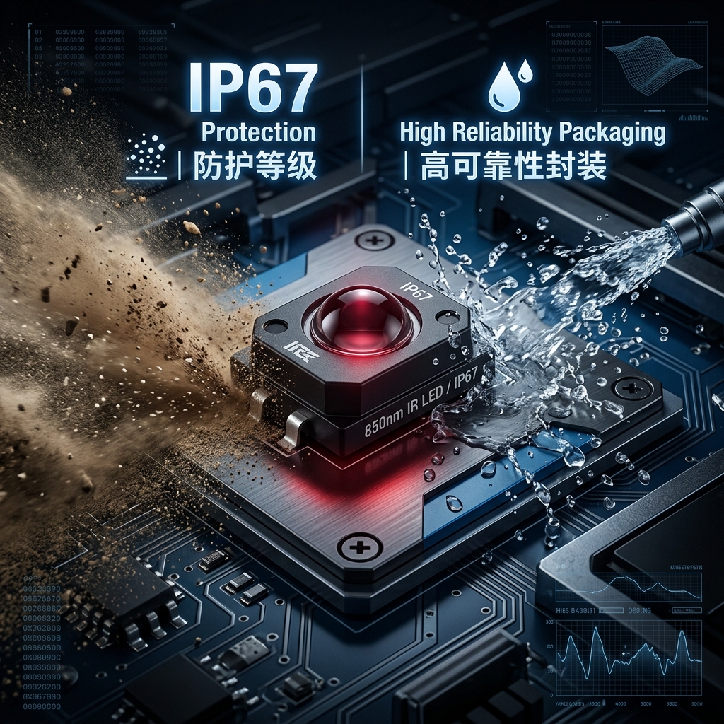 防尘防水红外灯珠产品图，展示IP67防护等级与高可靠性封装，背景为沙尘与水滴，直观体现防尘防水特性。