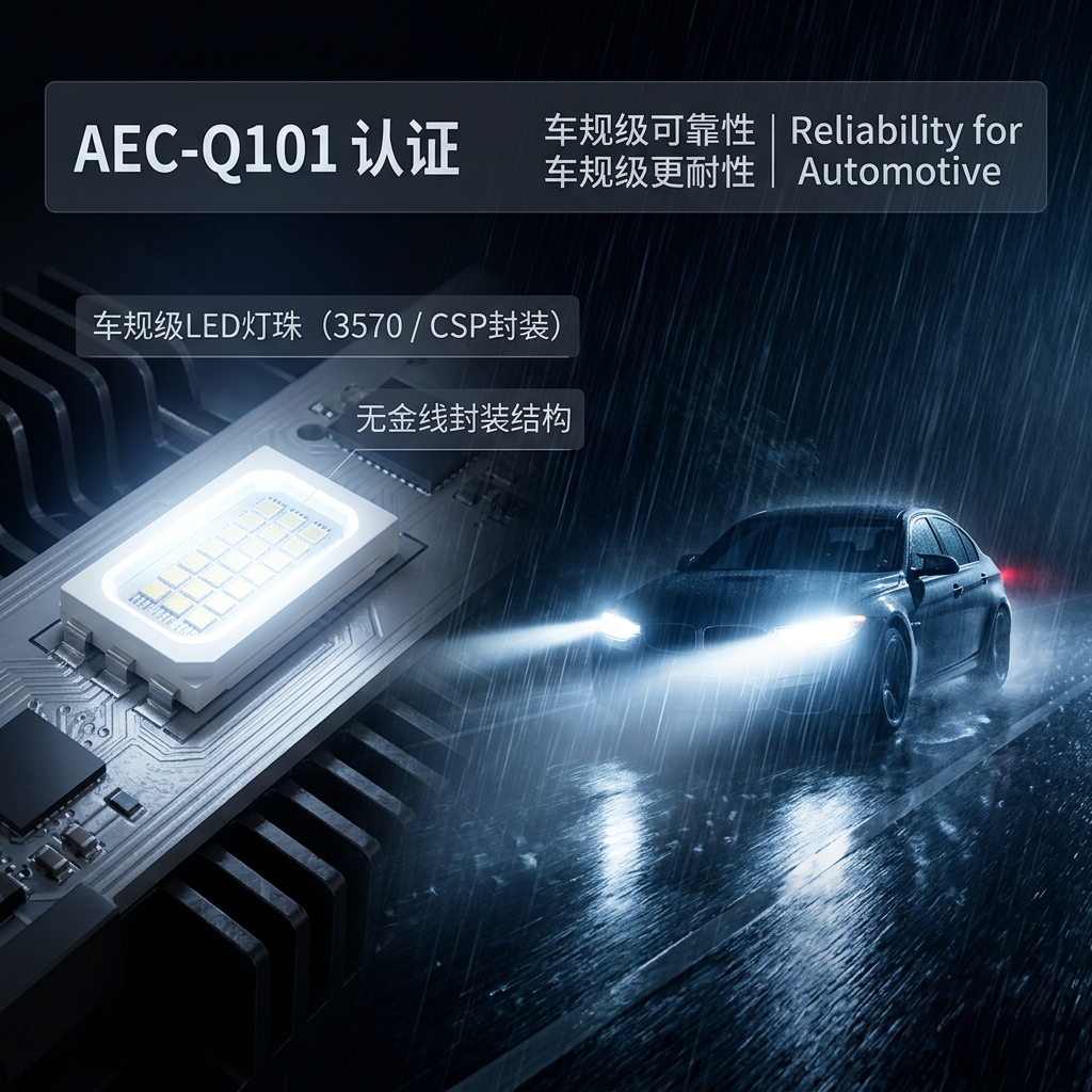 车规级LED灯珠在极端天气下，汽车前大灯发出强劲白光，展现AEC-Q101认证的车规级可靠性