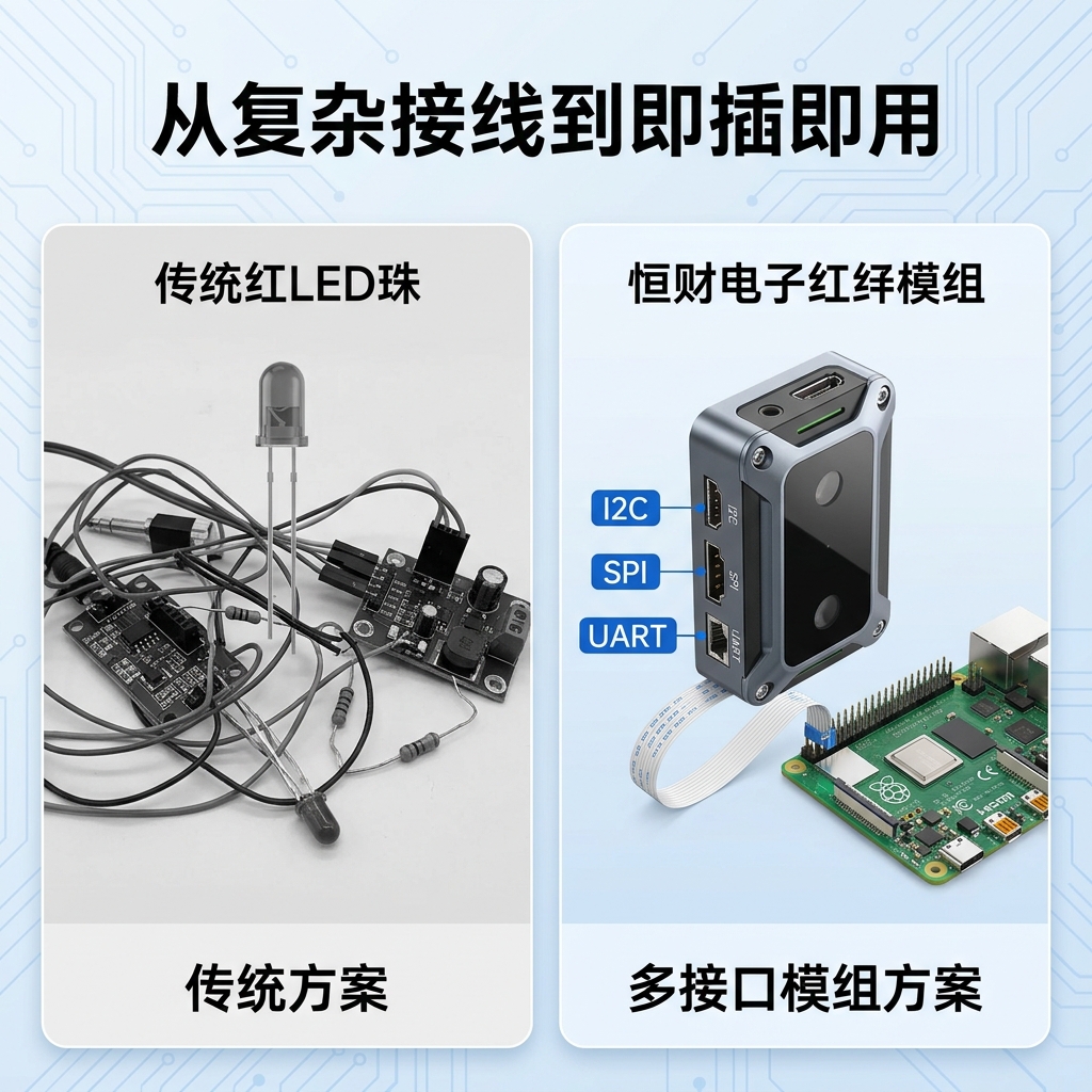传统红外灯珠与多接口红外LED模组对比图:左侧为复杂接线的传统方案,右侧为即插即用的恒彩电子多接口模组,展示从复杂到智能的飞跃。