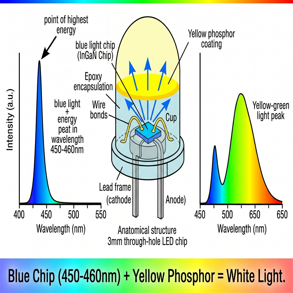 白色LED发光原理示意图：展示蓝光芯片激发黄色荧光粉产生白光的过程，并配有蓝光峰值光谱图和英文说明“Blue Chip + Yellow Phosphor = White Light”。